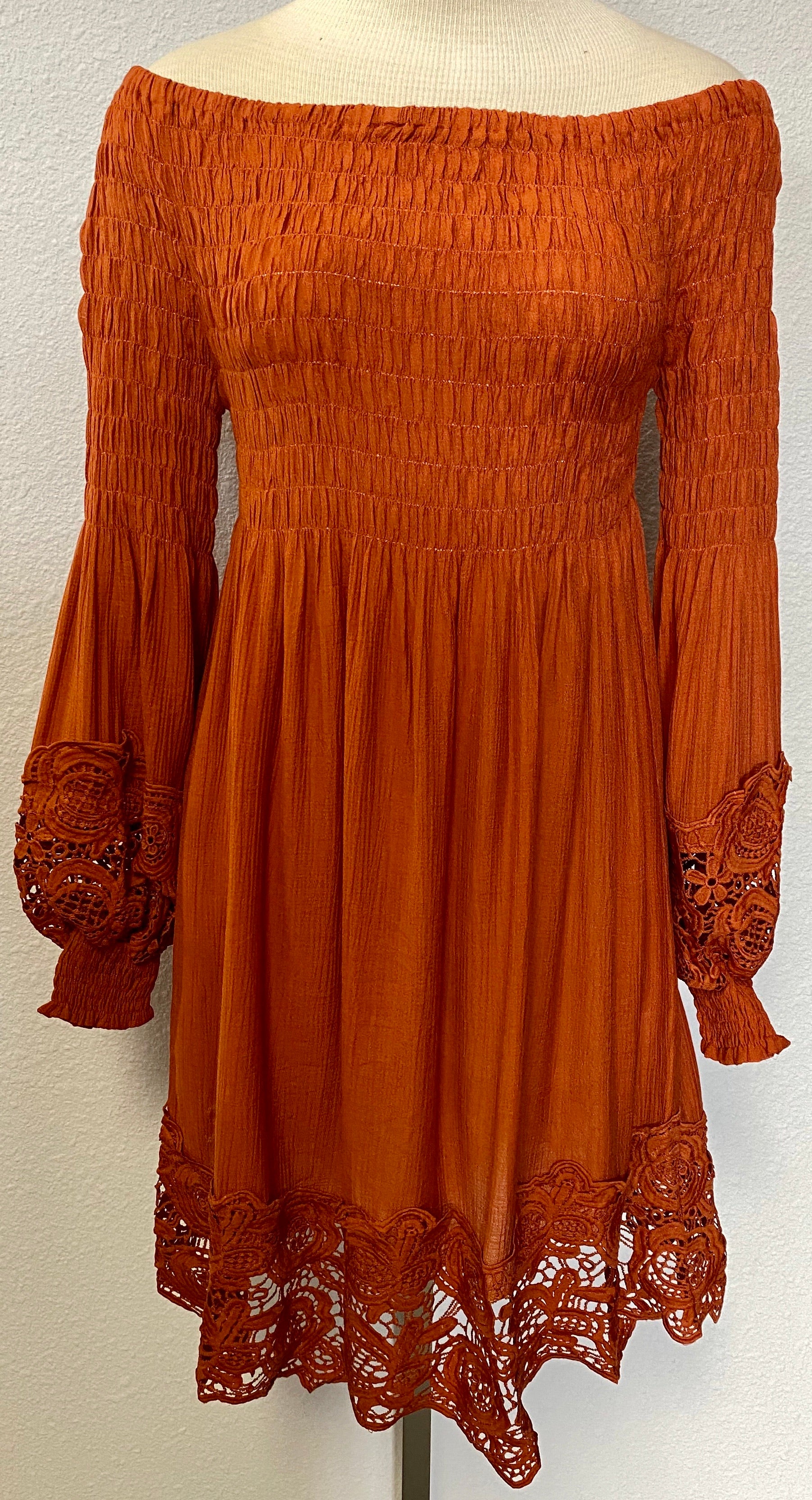 Off Shoulder Crochet Hem Dress Medium / Rust Off Shoulder Crochet Hem Dress Medium / Rust